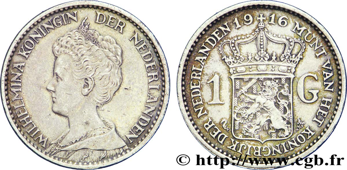 PAYS-BAS 1 Gulden Wilhelmina 1916  TTB+ 