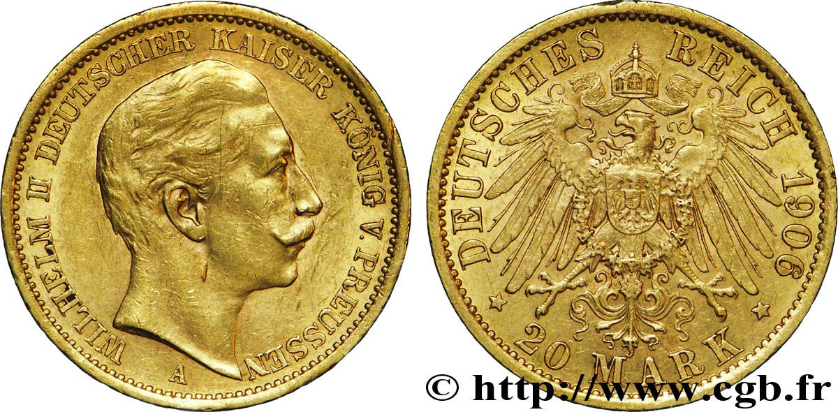 ALLEMAGNE - PRUSSE 20 Mark or, 2e type Guillaume II / aigle impérial 1906 Berlin SUP 