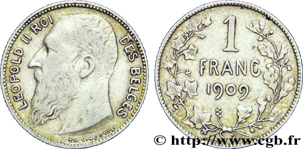 BELGIQUE 1 Franc Léopold II légende française variété sans point dans la signature 1909  TTB 