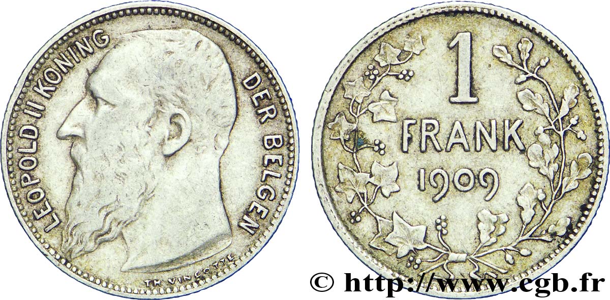 BELGIQUE 1 Franc Léopold II légende flamande variété sans point dans la signature 1909  TTB 