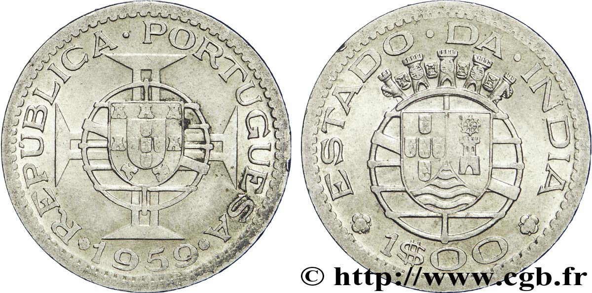 INDE PORTUGAISE 1 Escudo emblème du Portugal / emblème de l’État portugais de l Inde 1959  SPL 