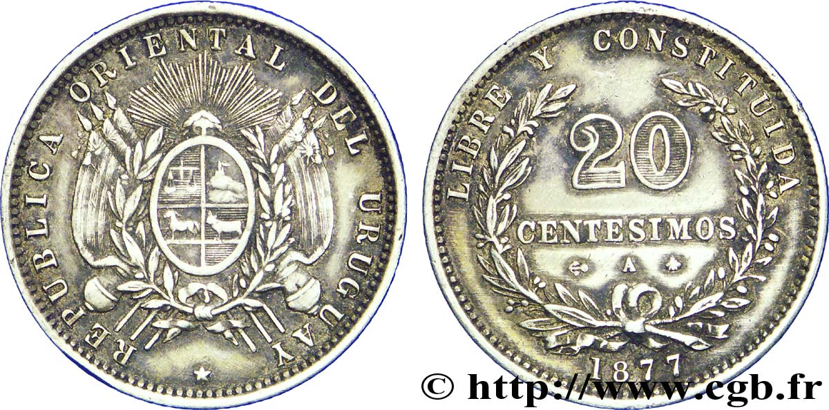 URUGUAY 20 Centesimos 1877 Paris - A TTB+ 