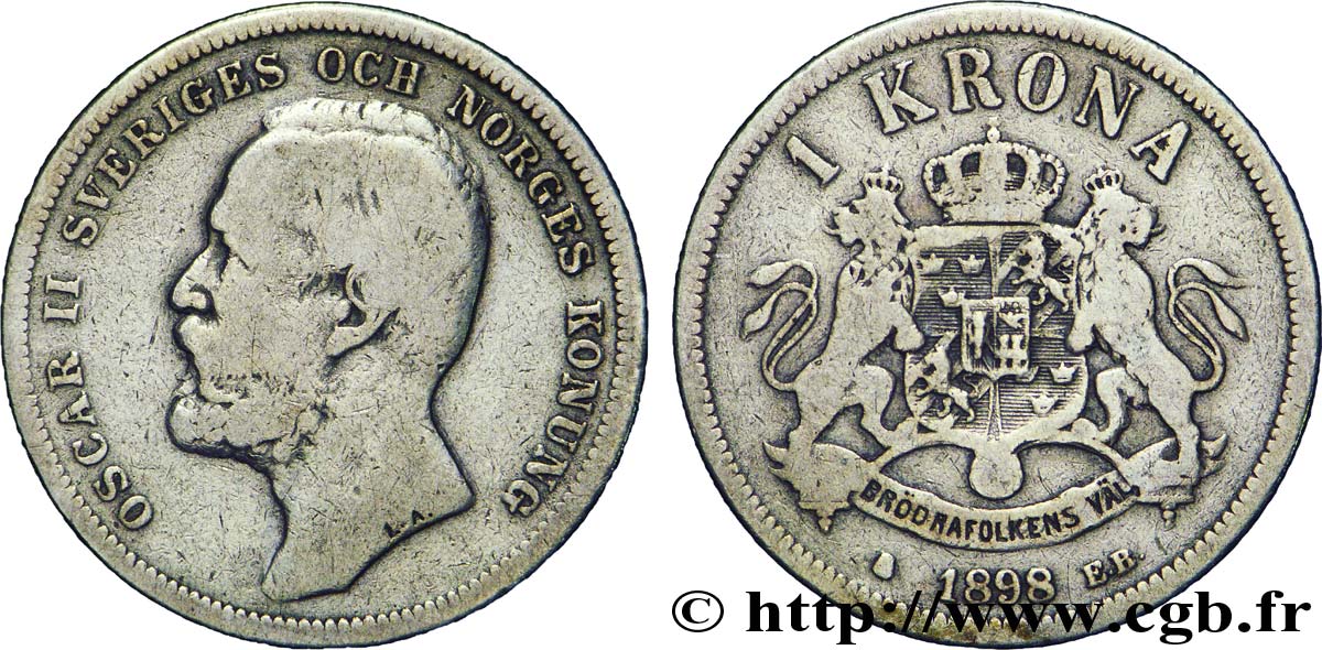 SUÈDE 1 Krona Oscar II de Suède et de Norvège 1898  B+ 