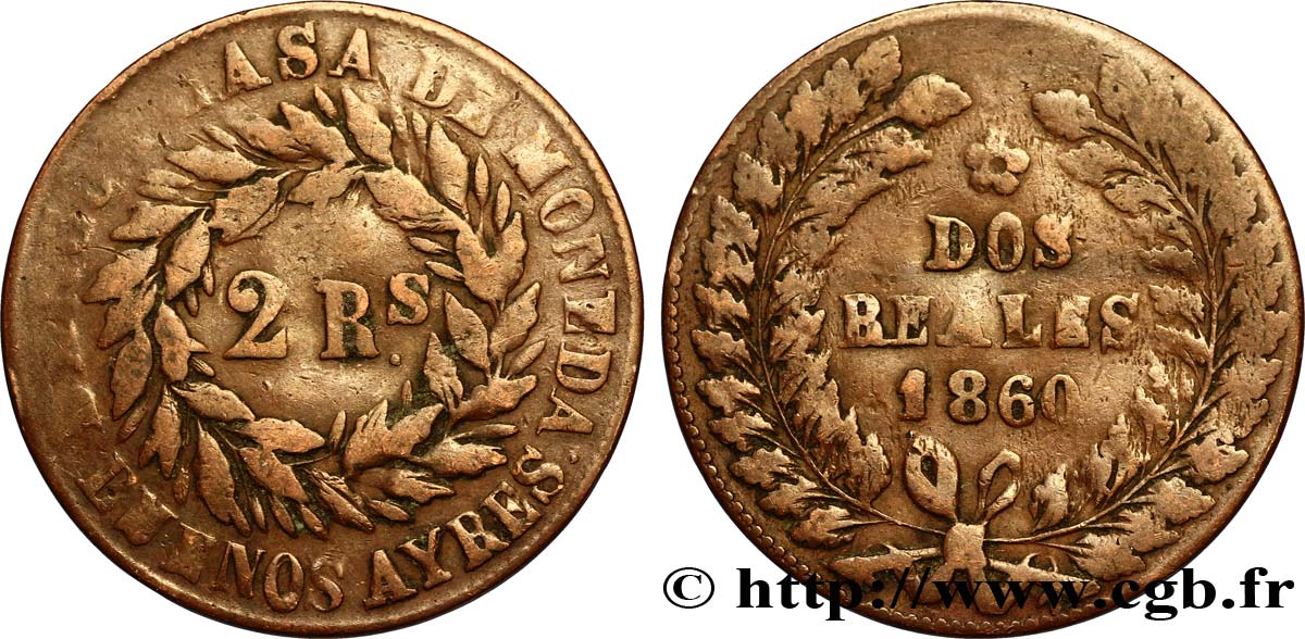 ARGENTINE 2 Reales Buenos Aires 1860  TB 