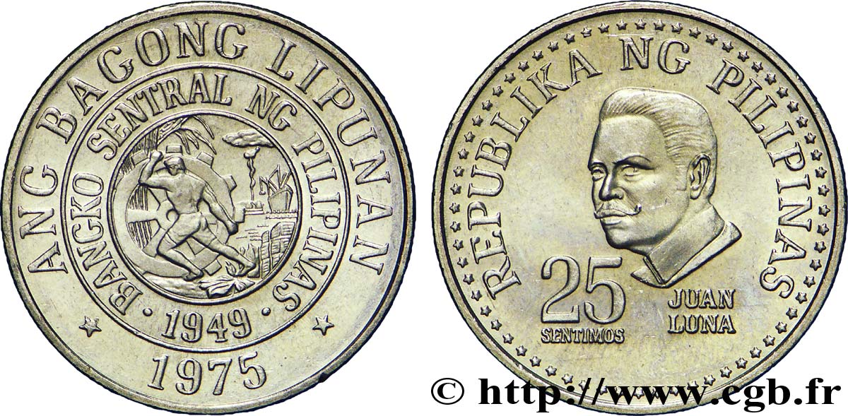 PHILIPPINES 25 Sentimos sceau de la banque Centrale / Juan Luna 1975  SPL 