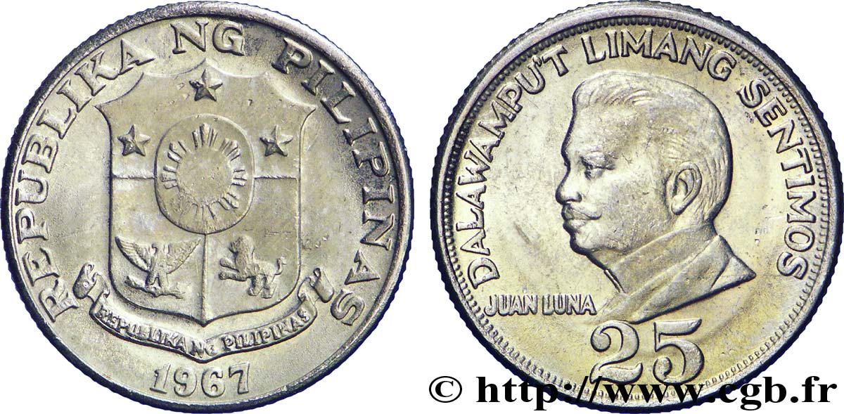 PHILIPPINES 25 Sentimos emblème / Juan Luna 1967  SPL 