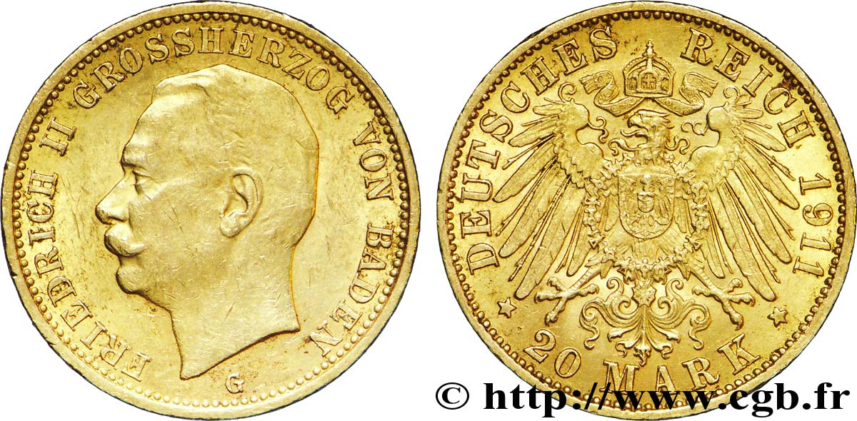 ALLEMAGNE - BADE 20 Mark or Grand-duché de Bade, Frédéric II, Grand-Duc de Bade / aigle impérial 1911 Karlsruhe - G TTB+ 