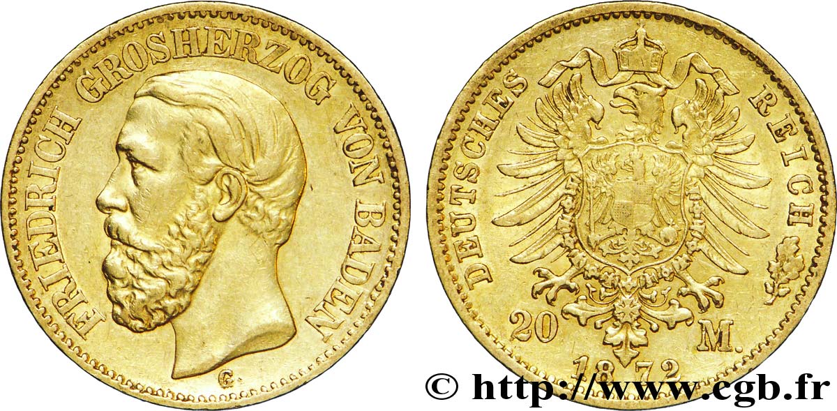 ALLEMAGNE - BADE 20 Mark or Grand-duché de Bade, Frédéric, Grand-Duc de Bade / aigle impérial 1872 Karlsruhe - G TTB+ 