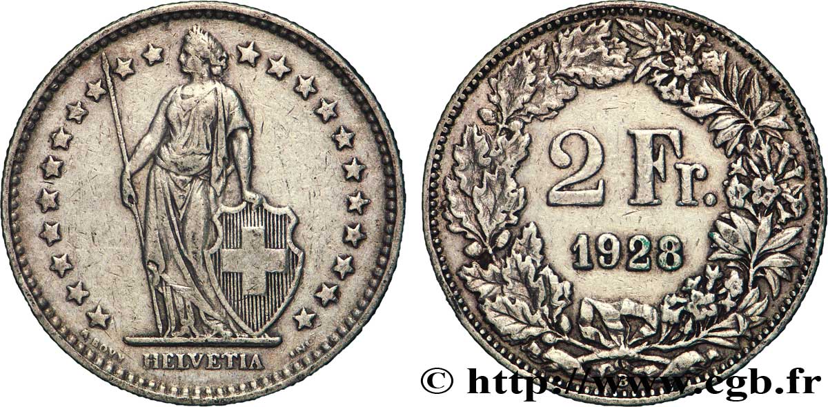 SUISSE 2 Francs Helvetia 1928 Berne - B TTB 
