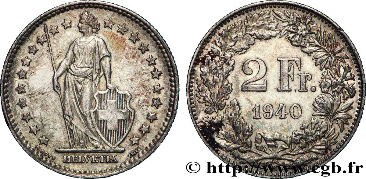 SWITZERLAND 2 Francs Helvetia 1940 Berne AU 