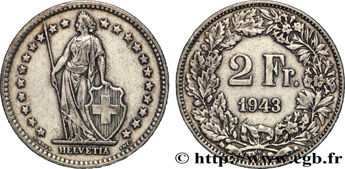 SUISSE 2 Francs Helvetia 1943 Berne TTB 