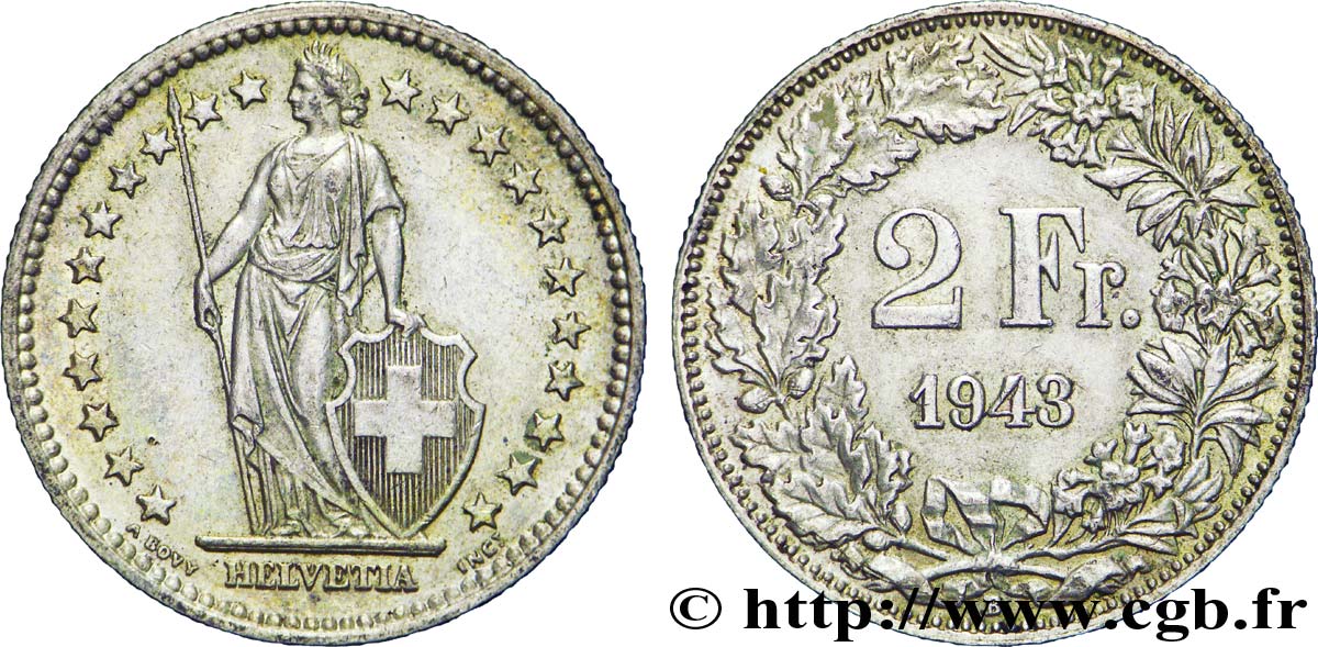 SUISSE 2 Francs Helvetia 1943 Berne - B SUP 