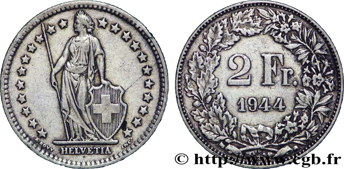 SUISSE 2 Francs Helvetia 1944 Berne - B TB+ 