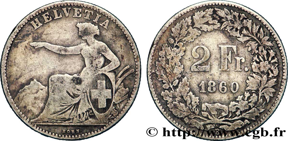 SUISSE 2 Francs Helvetia 1860 Berne - B B+/TTB 