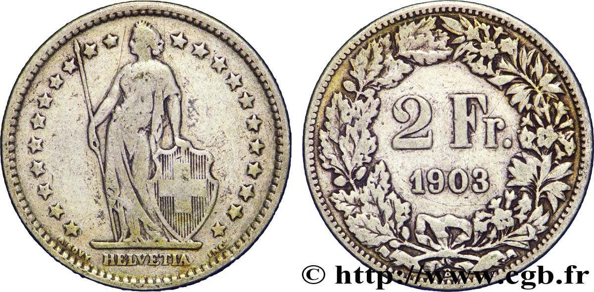 SUISSE 2 Francs Helvetia 1903 Berne - B TB 