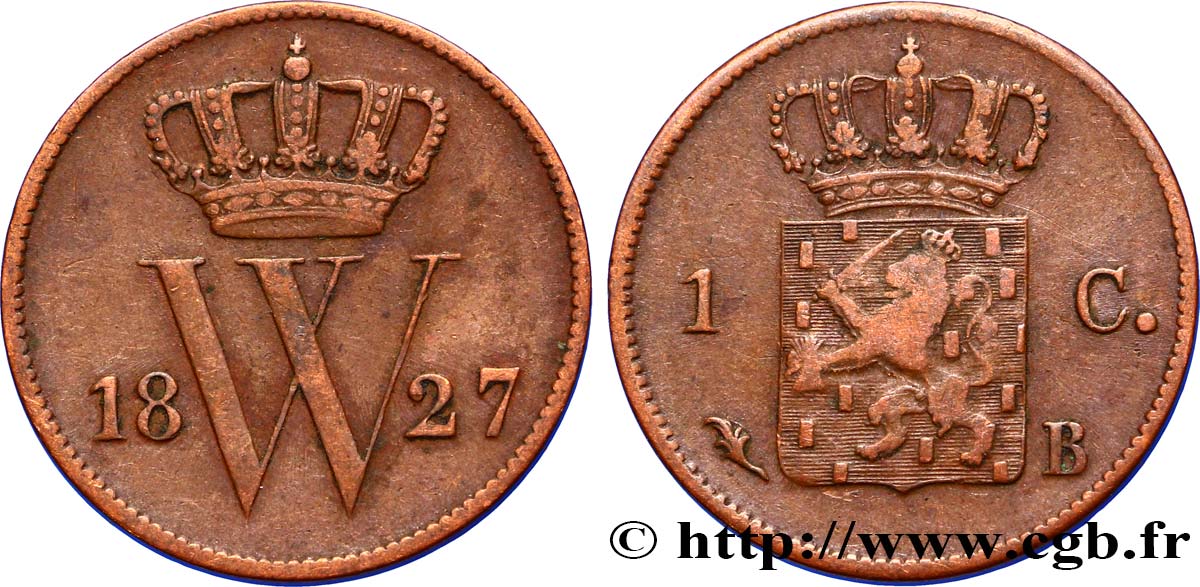 PAESI BASSI 1 Cent  emblème monogramme de Guillaume Ier 1827 Bruxelles MB 