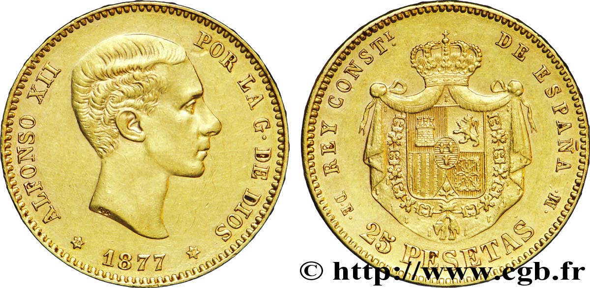 ESPAGNE 25 Pesetas Alphonse XII roi d’Espagne / manteau d’armes couronné 1877 Madrid TTB+ 