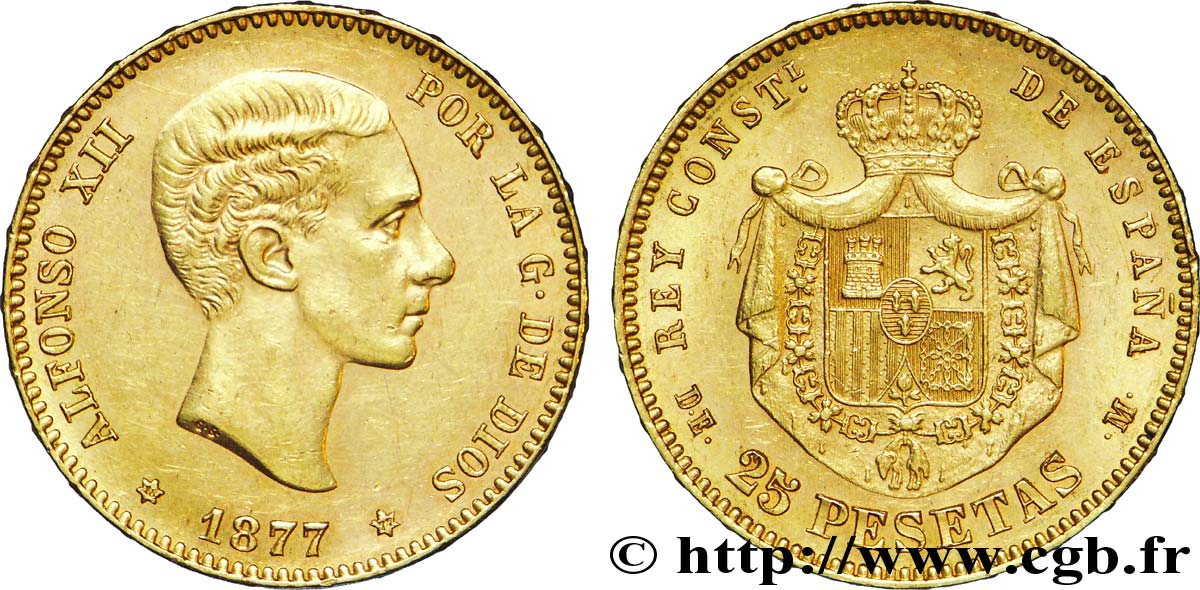 ESPAGNE 25 Pesetas Alphonse XII roi d’Espagne / manteau d’armes couronné 1877 Madrid SUP 