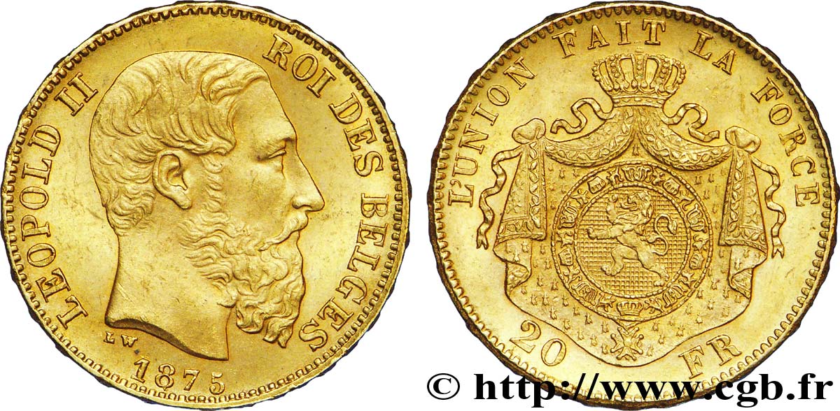 BELGIQUE 20 Francs Léopold II 1875 Bruxelles SUP 