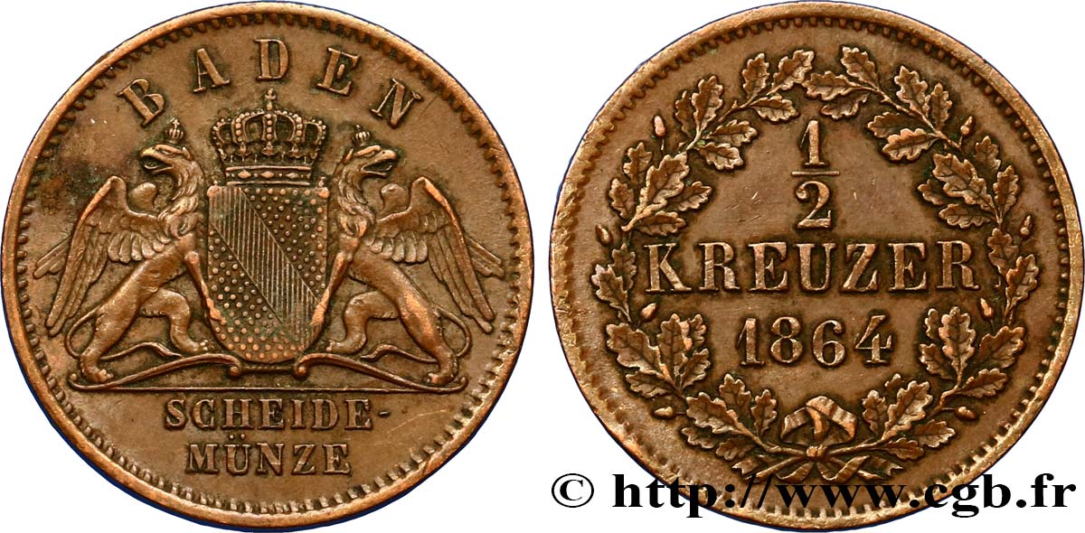 GERMANY - BADEN 1/2 Kreuzer Grand-Duché de Bade 1864  AU 