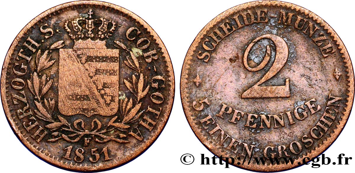 ALEMANIA - SAJONIA-COBURGO -GOTHA 2 Pfennige Duché de Saxe-Cobourg et Gotha, blason 1851 Dresde BC 