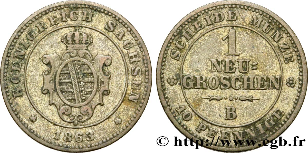GERMANIA - SASSONIA 1 Neugroschen Royaume de Saxe, blason 1863 Dresde - B BB 