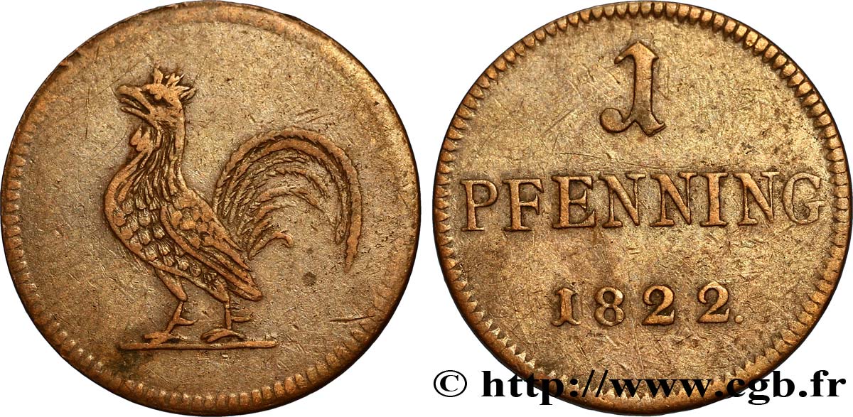 ALLEMAGNE - VILLE LIBRE DE FRANCFORT 1 Judenpfenning Francfort monnaie de nécessité au coq 1822  TTB+ 