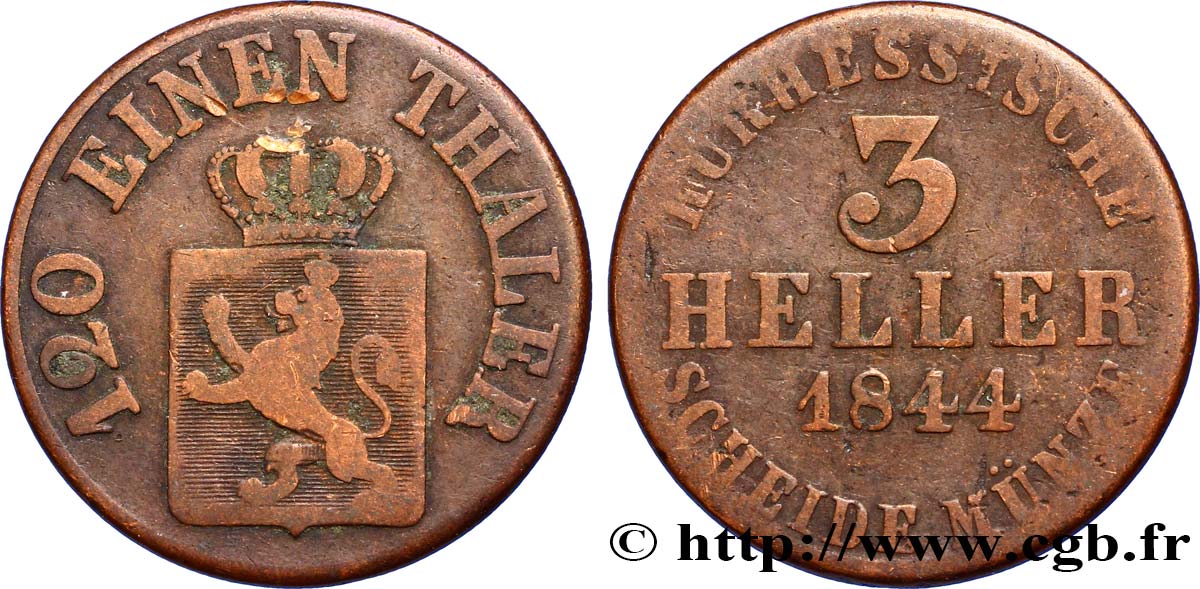 ALLEMAGNE - HESSE 3 Heller Hesse-Cassel 1844  TB 