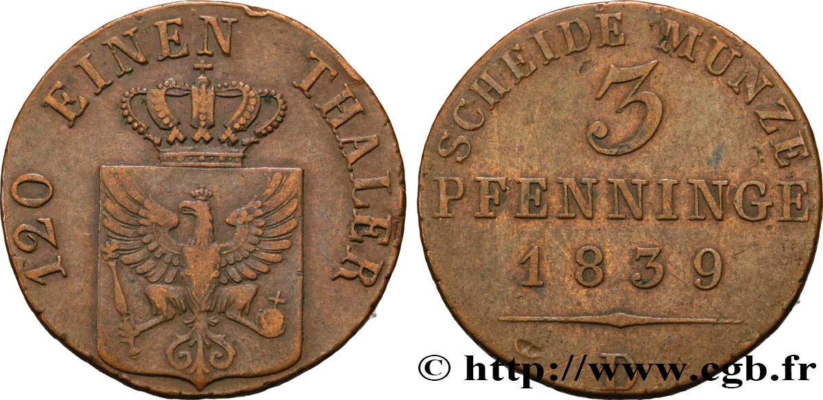 ALEMANIA - PRUSIA 3 Pfenninge Royaume de Prusse écu à l’aigle 1839 Düsseldorf - D MBC 