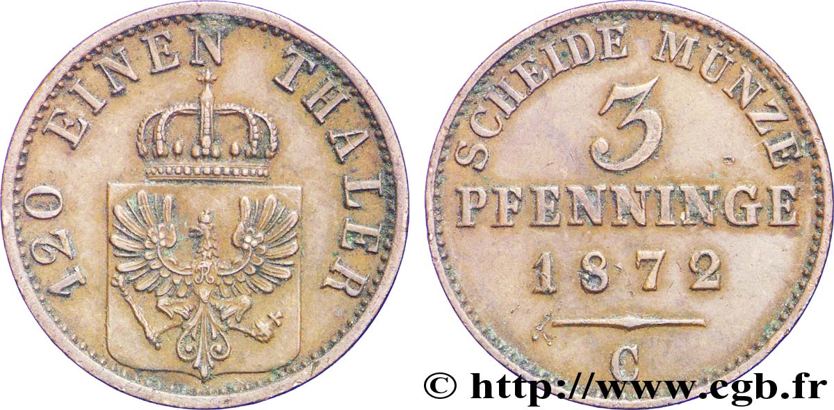 ALLEMAGNE - PRUSSE 3 Pfenninge Royaume de Prusse écu à l’aigle 1872 Francfort - C TTB+ 