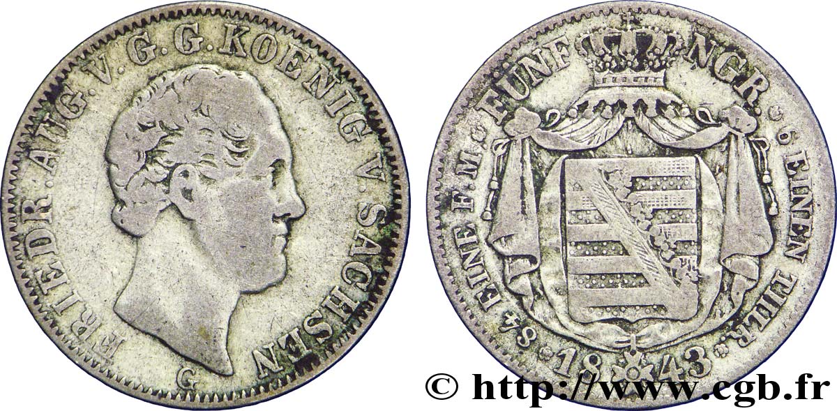 ALLEMAGNE - SAXE 1/6 Thaler Frédéric Auguste II 1843 Dresde TB 