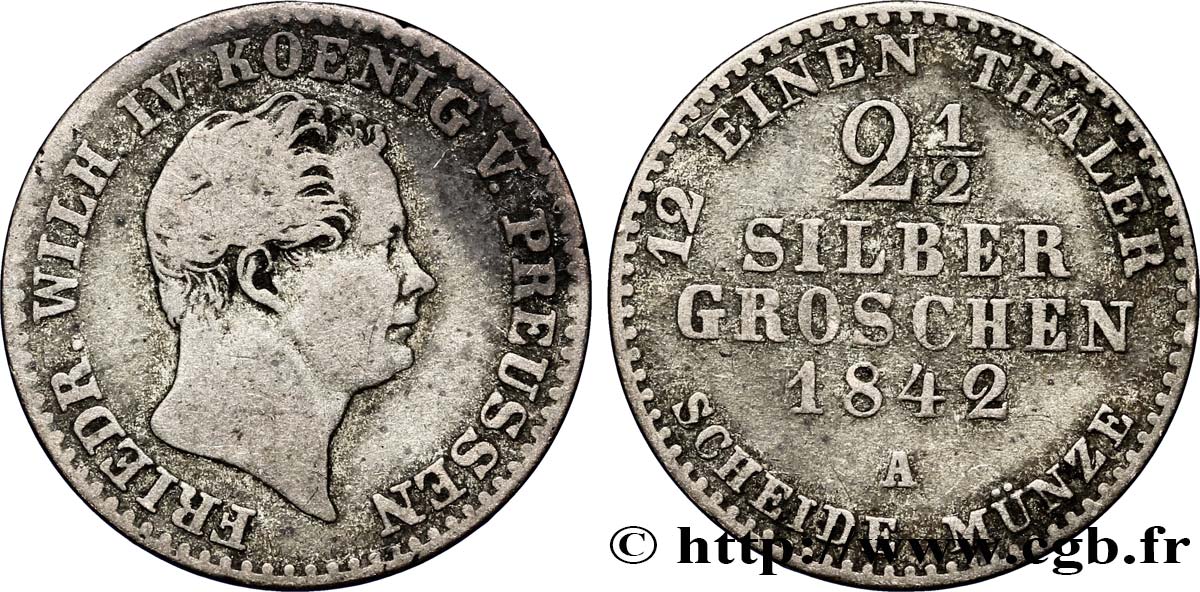 GERMANY - PRUSSIA 2 1/2 Silbergroschen Royaume de Prusse Guillaume Ier 1842 Berlin VF 