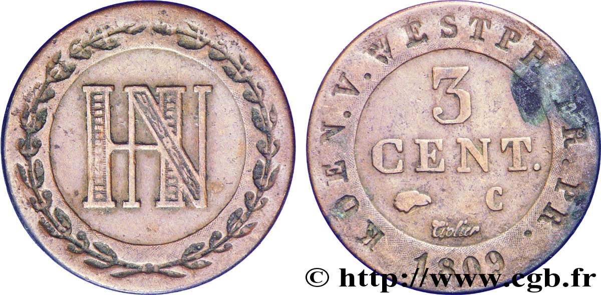 ALLEMAGNE - ROYAUME DE WESTPHALIE 3 Cent. monogramme de Jérôme Napoléon 1809 Cassel - C TTB 