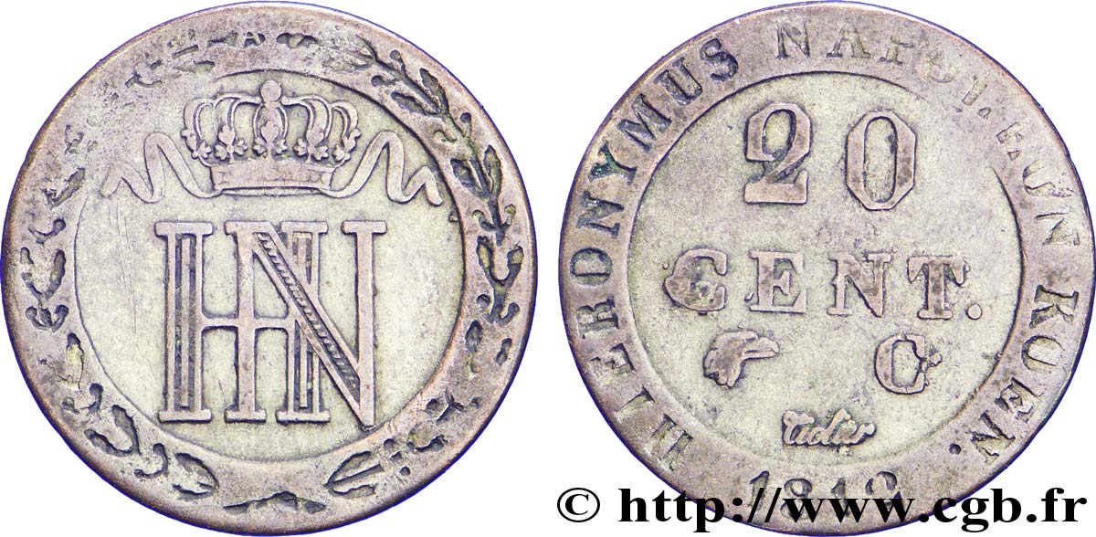 ALLEMAGNE - ROYAUME DE WESTPHALIE 20 Cent. monogramme de Jérôme Napoléon 1812 Cassel - C TB+ 