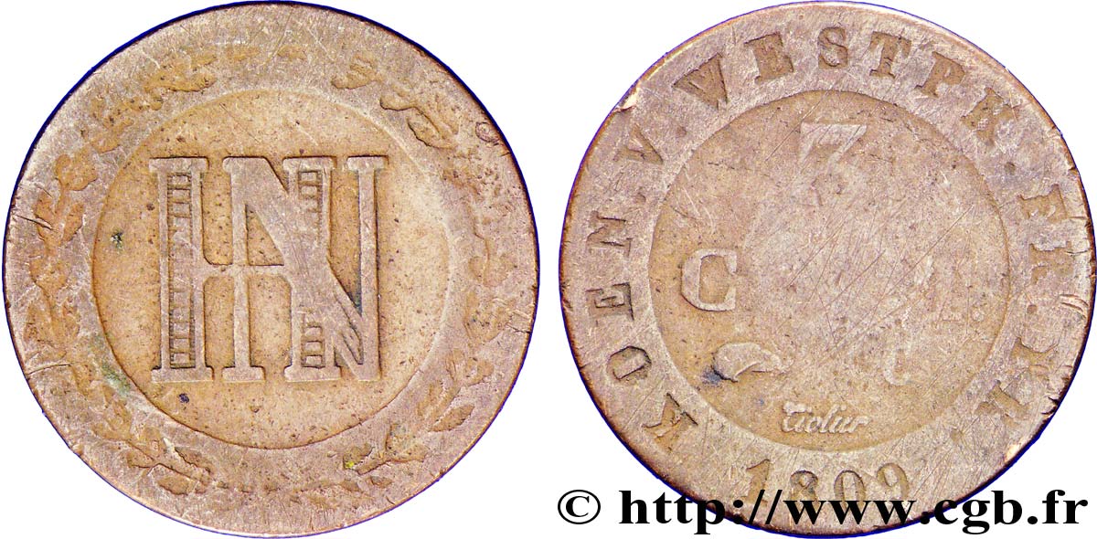 ALLEMAGNE - ROYAUME DE WESTPHALIE 3 Cent. monogramme de Jérôme Napoléon 1809 Cassel - C TB 