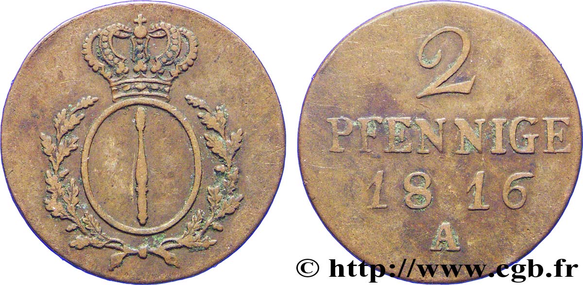 GERMANY - PRUSSIA 2 Pfennige Royaume de Prusse / écu couronné 1816 Berlin XF 