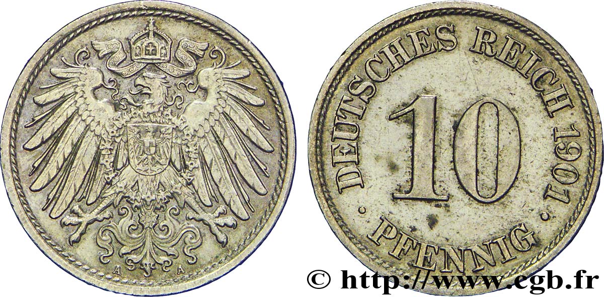 ALLEMAGNE 10 Pfennig aigle héraldique 1901 Berlin SUP 