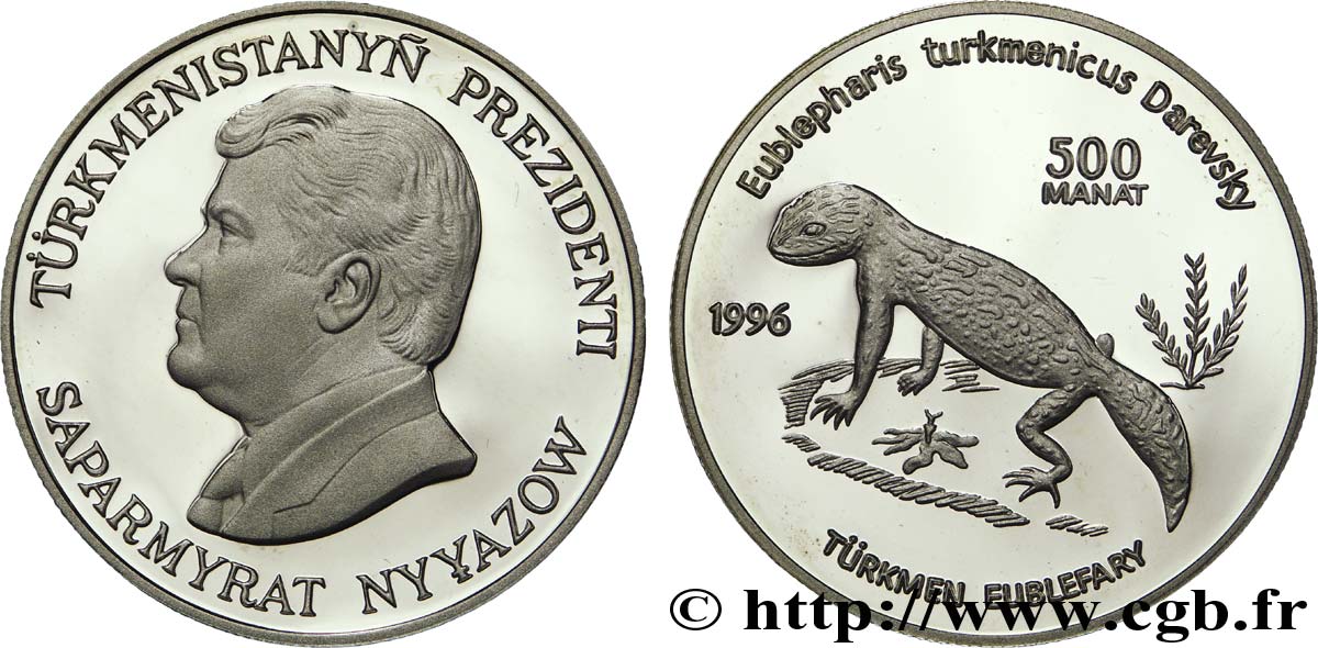 TURKMÉNISTAN 500 Manat BE (proof) Série Protection de la faune en danger : Président Sparmyrat Nyyazov / gecko du Turkménistan 1996 British Royal Mint FDC 