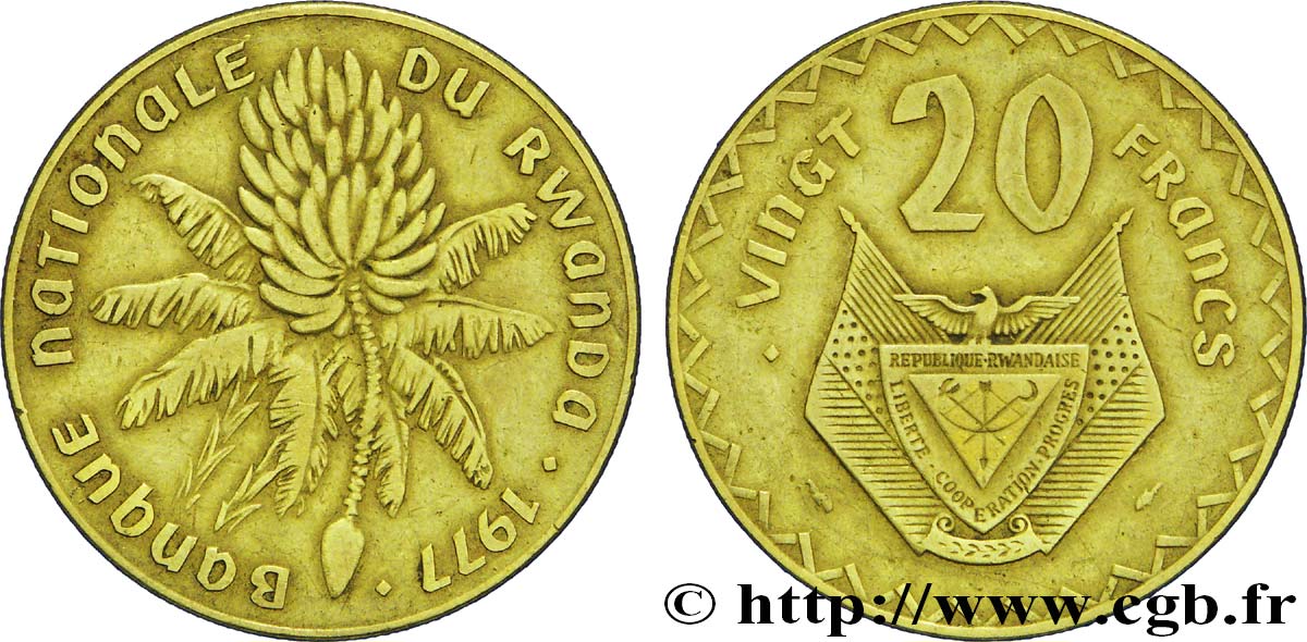 RWANDA 20 Francs emblème / bananier 1977  TTB 