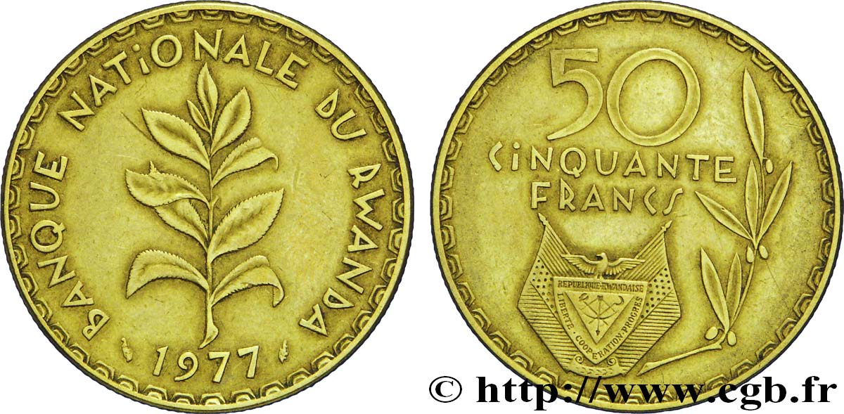 RWANDA 50 Francs emblème / plant de café 1977  TTB+ 