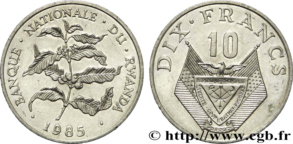 RWANDA 10 Francs emblème / caféier 1985  SUP 