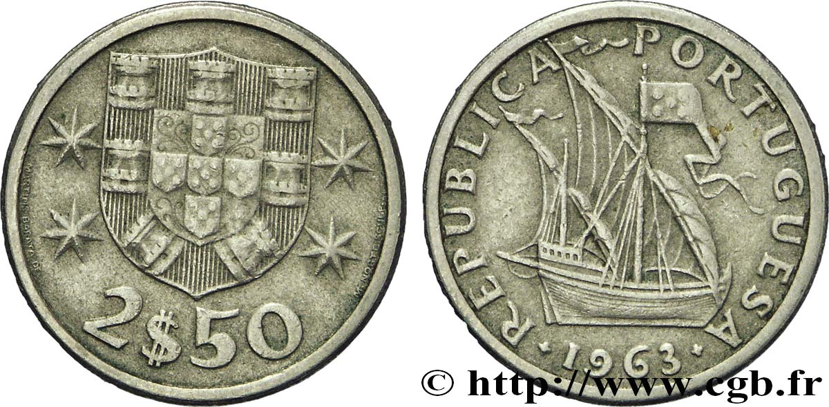 PORTUGAL 2 1/2 Escudos emblème / voilier 1963  TTB+ 