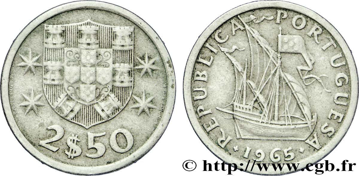 PORTUGAL 2 1/2 Escudos emblème / voilier 1965  TTB+ 