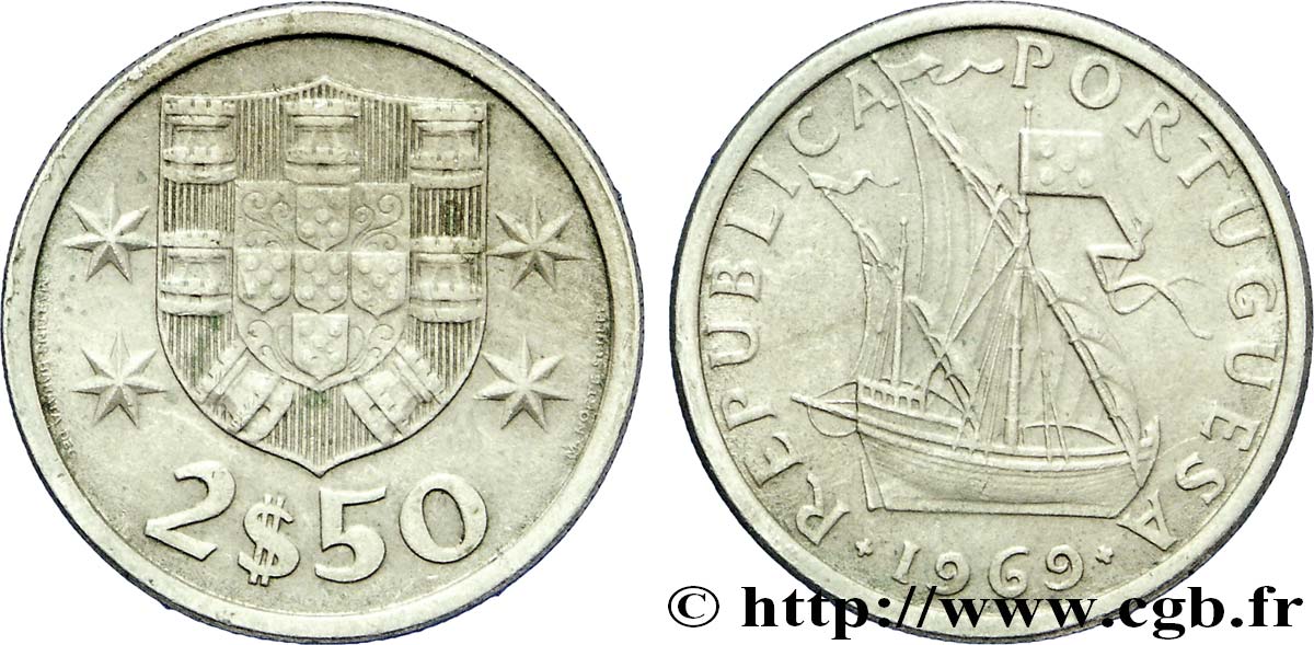 PORTUGAL 2 1/2 Escudos emblème / voilier 1969  TTB+ 