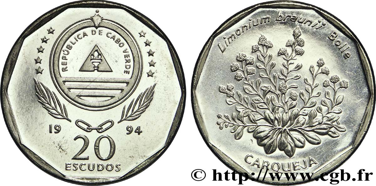 CABO VERDE 20 Escudos série botanique  : emblème / Limonium brauni 1994  SC 