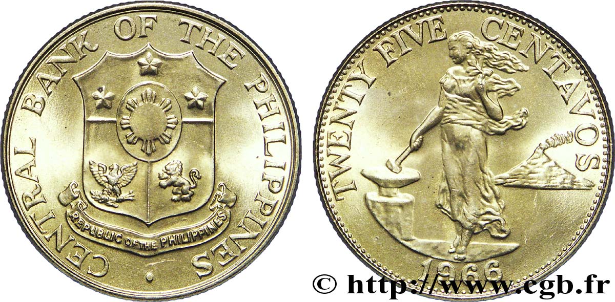 PHILIPPINES 25 Centavos emblème / femme au marteau et à l’enclume 1966  SPL 
