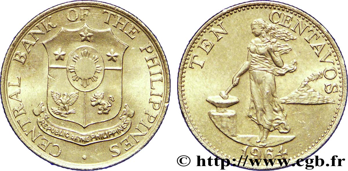 PHILIPPINES 10 Centavos emblème / femme au marteau et à l’enclume 1964  SPL 