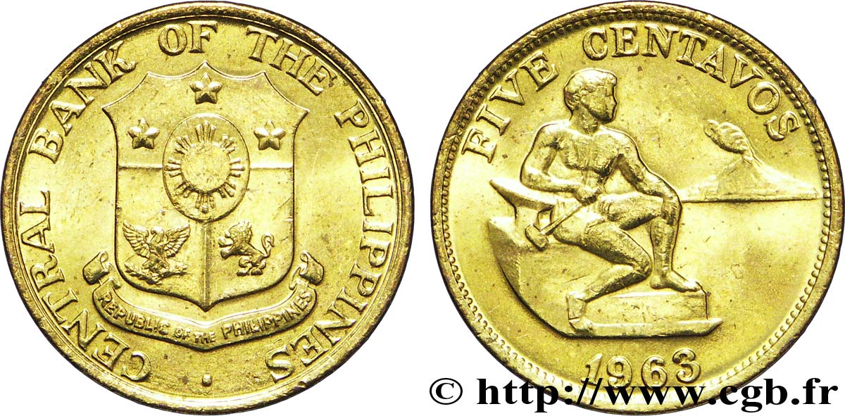 PHILIPPINES 5 Centavos emblème / homme au marteau et à l’enclume 1963  SPL 