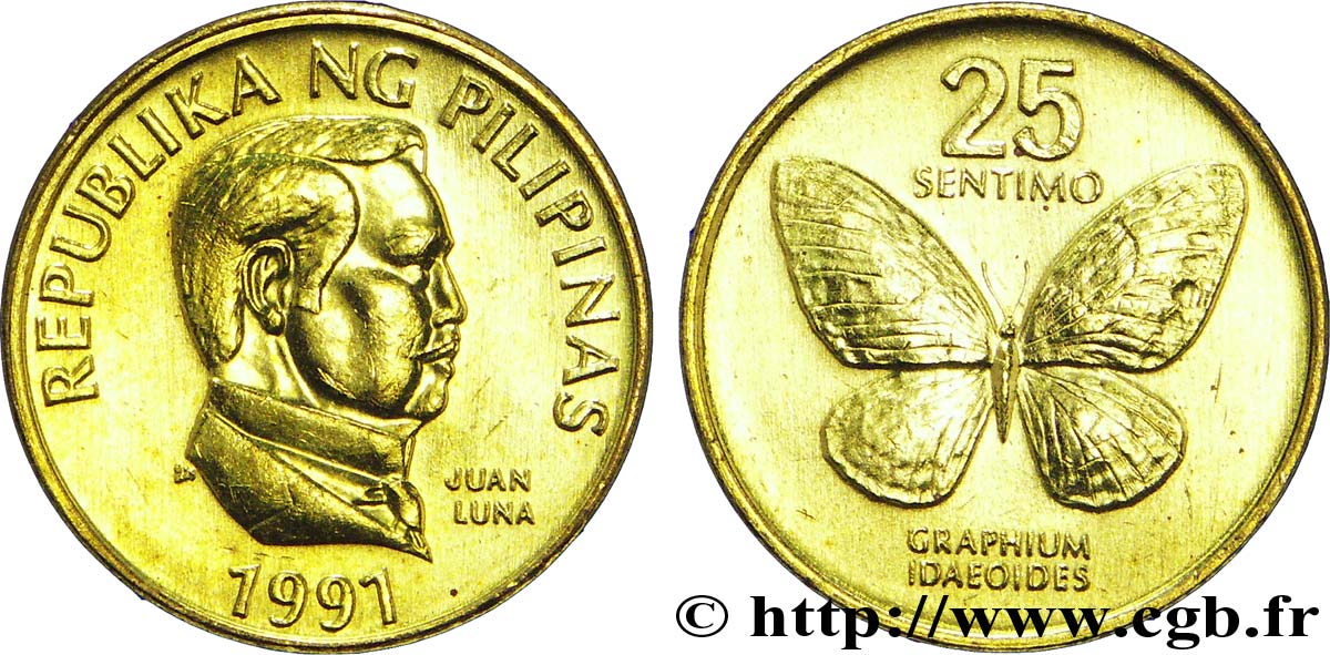PHILIPPINES 25 Sentimos Juan Luna / papillon 1991  SPL 