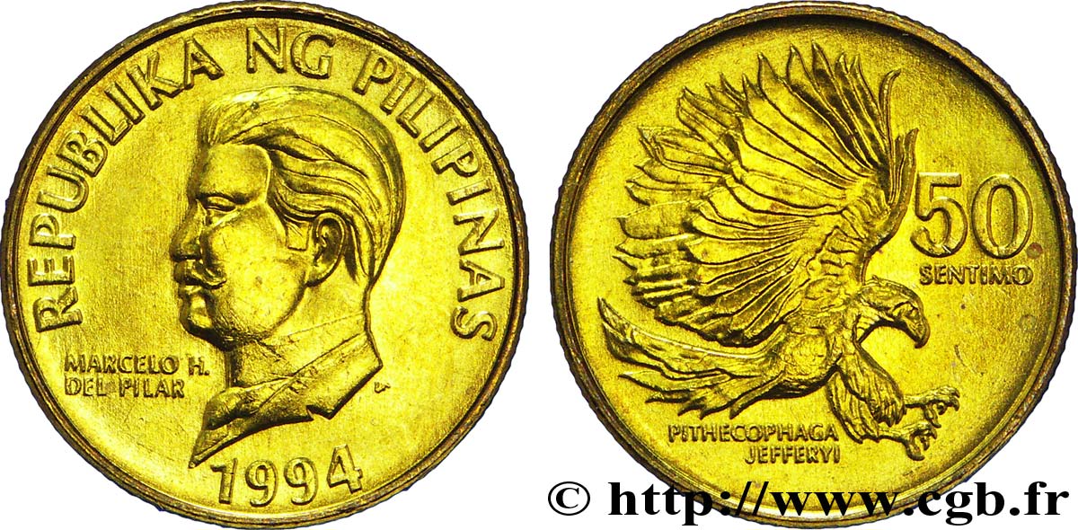PHILIPPINES 50 Sentimos Marcelo H. del Pilar / Aigle des singes (Pithecophaga jefferyi)  1994  SPL 